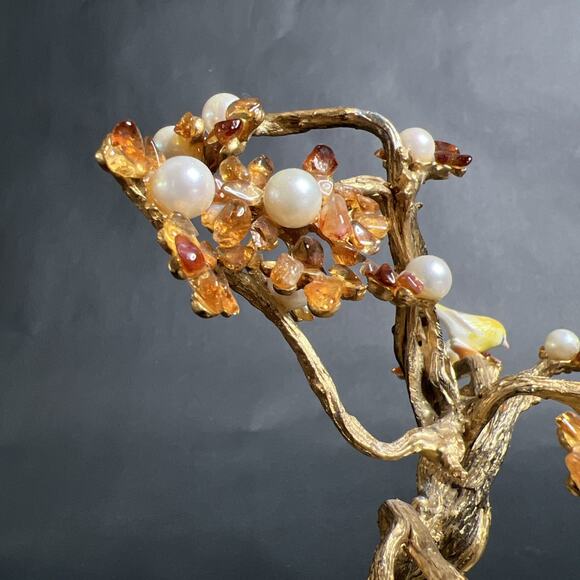 VTG Swoboda Metal Trunk – Carnelian, Pearl, Porcelain Birds – Bonsai Tree – Bras - Picture 5 of 10